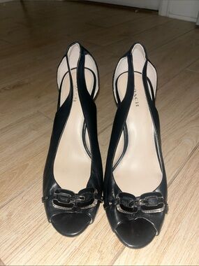 Coach Black Leather Peep-Toe Slingback Heels with Silver Chain Detail